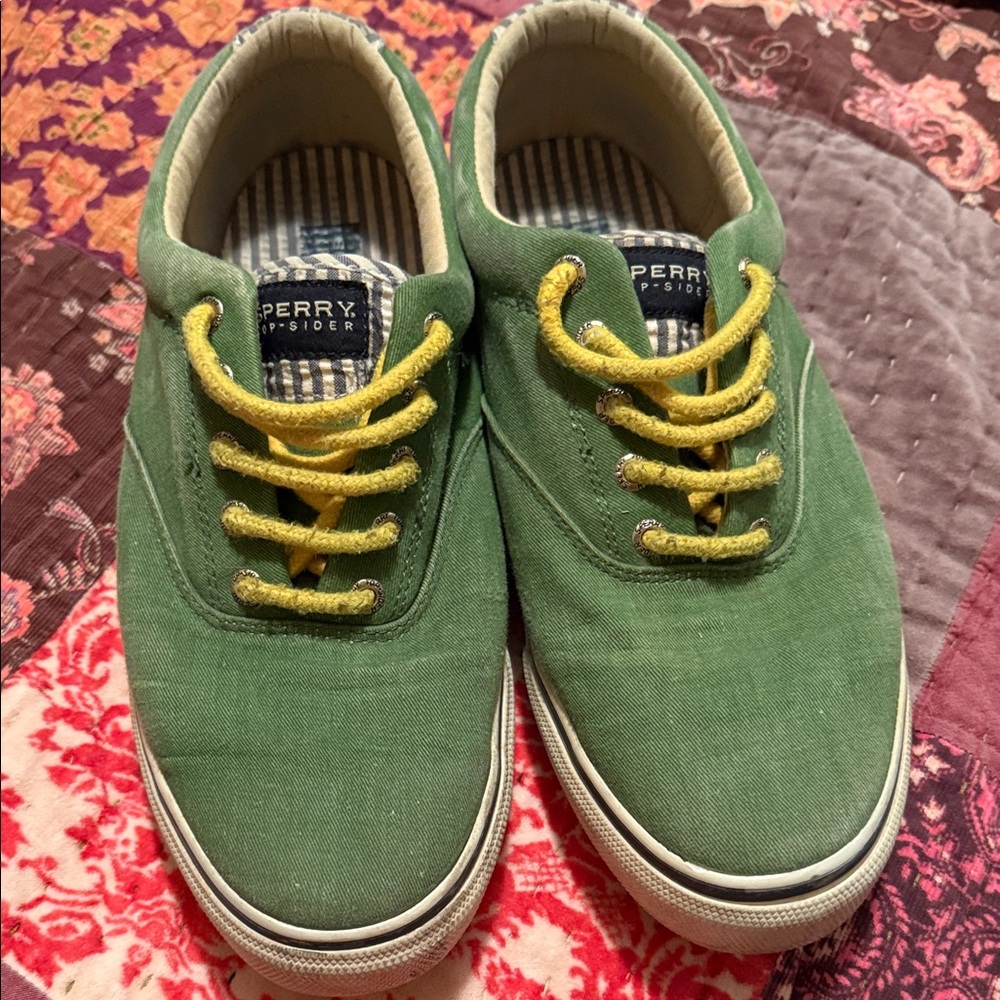 Sperry Kids Green Sneakers with Yellow Laces